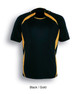 A unisex adult sports jersey in black and gold, featuring contrasting side panels and a logo.