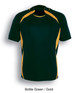 A bottle green and gold unisex sports jersey featuring contrasting side panels and a logo.