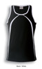 A black and white singlet featuring contrasting piping and a fitted design, with a logo at the top.