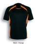 A black sports jersey with orange accents and a logo, designed for kids.