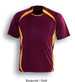 A burgundy sports jersey with yellow accents and a logo, designed for kids' activities.