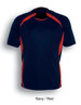 A kids' sports jersey in navy with red accents, featuring a logo. Made for active wear.
