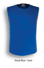 A sleeveless tank top in royal blue and gold, featuring a simple design and a branded logo.