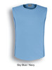 A sky blue and navy men's tank top with a logo. Sleeveless design and curved hem.