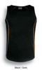 A black singlet with gold stitching and a logo on the front.