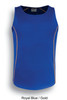 A royal blue singlet featuring gold accents and a branded label at the neck.