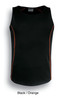 A black singlet featuring orange stitching and a logo. Suitable for kids and designed for comfort.