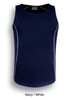 A navy singlet featuring white piping details, designed for kids, with a branded logo.