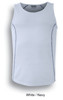 A white singlet with navy stitching, featuring a round neck and sleeveless design, also has a logo.
