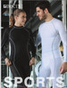 A black and white long-sleeve performance top displayed on a male and female model, featuring contrasting stitching and a logo.