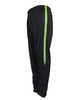 Unisex black track pants featuring a green stripe, designed for comfort with a lining. Includes a logo.