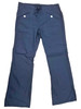 Navy ladies scrub pants with a drawstring waist and two front pockets. Features a logo on the waistband.