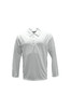 A long sleeve cricket polo in light grey, featuring a collar and front buttons, with a logo on the chest.