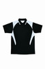 A black polo shirt featuring a honeycomb contrast panel in white, with a collar and short sleeves. It has a logo.