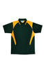 A dark green polo shirt featuring bright yellow contrast panels on the shoulders and sides, with a logo present.