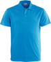 A blue polo shirt featuring a collar and three buttons, with a logo on the chest.