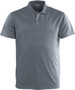 A grey polo shirt featuring a collar and three buttons, with a logo on the chest area.