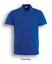 A royal blue polo shirt featuring a collar and three button placket, with a logo on the chest.