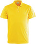 A yellow polo shirt featuring a collar and a logo on the chest.