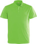 A bright green polo shirt with a collar and three buttons, featuring a logo.