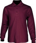 A long sleeve polo shirt in burgundy with three buttons and a collar. It features a logo on the chest area.