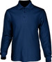A navy long sleeve basic polo shirt featuring a classic collar and three buttons, with a logo on the chest.