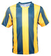 A striped football jersey featuring vertical blue and golden yellow stripes, designed for kids. It has a logo on the front.