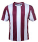 A maroon and white striped football jersey with short sleeves, featuring a logo on the chest.