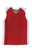 A red men's basketball singlet with white side panels and a V-neck design, featuring a logo.