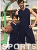 A navy blue men's basketball singlet with white accents, worn by an adult and a child holding a basketball. It features a logo.