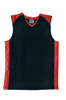 A kids' basketball singlet in navy blue with red accents, featuring a logo. Suitable for sports uniforms and jerseys.