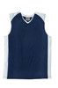 A navy blue kids basketball singlet with white accents, featuring a v-neck design and a logo.