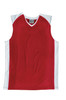 A red basketball singlet with white accents and a V-neck design. It features a logo on the interior label.