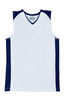 A white and navy kids basketball singlet featuring a V-neck design and a logo.