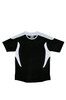 A unisex sports tee shirt in black with white accents and a logo, designed for athletic wear.