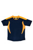 A unisex sports tee shirt in navy blue with bright orange accents. It features a logo on the front.