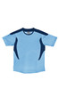 A light blue unisex sports tee shirt with navy blue accents and a logo. Ideal for various sports activities.