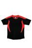 A black tee shirt with orange accents, designed for kids' sports uniforms, featuring a logo on the front.