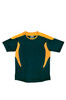 A green and yellow sports tee shirt featuring a logo, designed for kids’ sports activities.