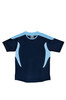 A navy blue and light blue sports tee shirt featuring a logo, designed for kids' sports activities.