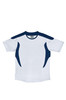 A white and navy blue kids' sports tee shirt featuring a logo and contrasting side panels.