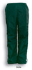 A pair of green track pants with an elastic waistband and drawstring detail at the cuffs. Features a logo.