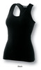 A black ladies gym singlet featuring a scoop neck and a fitted silhouette, with a logo on the label.