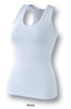 A white ladies gym singlet with a scoop neck and a fitted silhouette, featuring a logo.