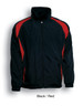 A unisex adults training track jacket in black with red accents, featuring a zip closure and elastic cuffs.