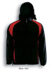 A black and red reversible sports jacket with a hood and logo detail.