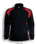 A black and red unisex adults 1/2 zip sports pull over fleece jacket with a logo.