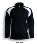 A black and white unisex half-zip sports pullover fleece jacket with contrasting panel design and a logo.