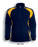 A navy and gold unisex fleece pull-over jacket with a half zip and a logo on the chest.
