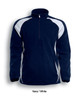 A navy and white unisex fleece pull-over jacket with a half zip and a logo on the chest area.